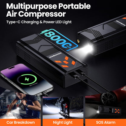 Jump Starter with Air Compressor, 3000A Car Jumper Starter Battery Pack with 150PSI Tire Inflator, 12V Portable Jump Box for Car Charger Battery Booster with LCD Display (Up 9L Gas/8L Diesel Engine)