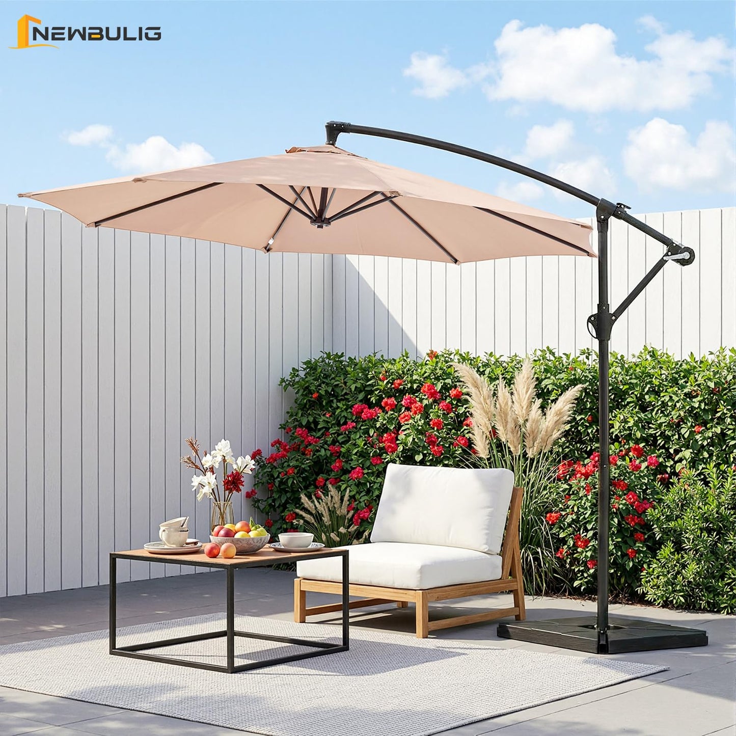NEWBULIG 10FT Patio Umbrella with Base Included, Offset Cantilever Outdoor Patio Table Umbrella, UV Protection, Fade Resistant Fabric, Easy Tilt Adjustment for Pool, Deck, Garden, Backyard, Khaki