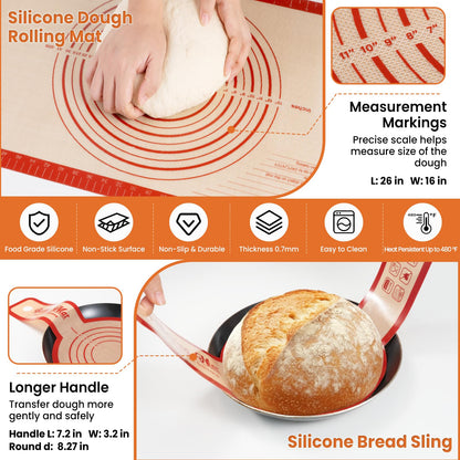 TomCare Sourdough Starter Kit 42 oz Large Glass Starter Jar 10 inch Round Bread Proofing Basket Silicone Baking Mat Tools 10pcs Bread Bags Complete Sourdough Bread Baking Supplies Gifts for Bakers