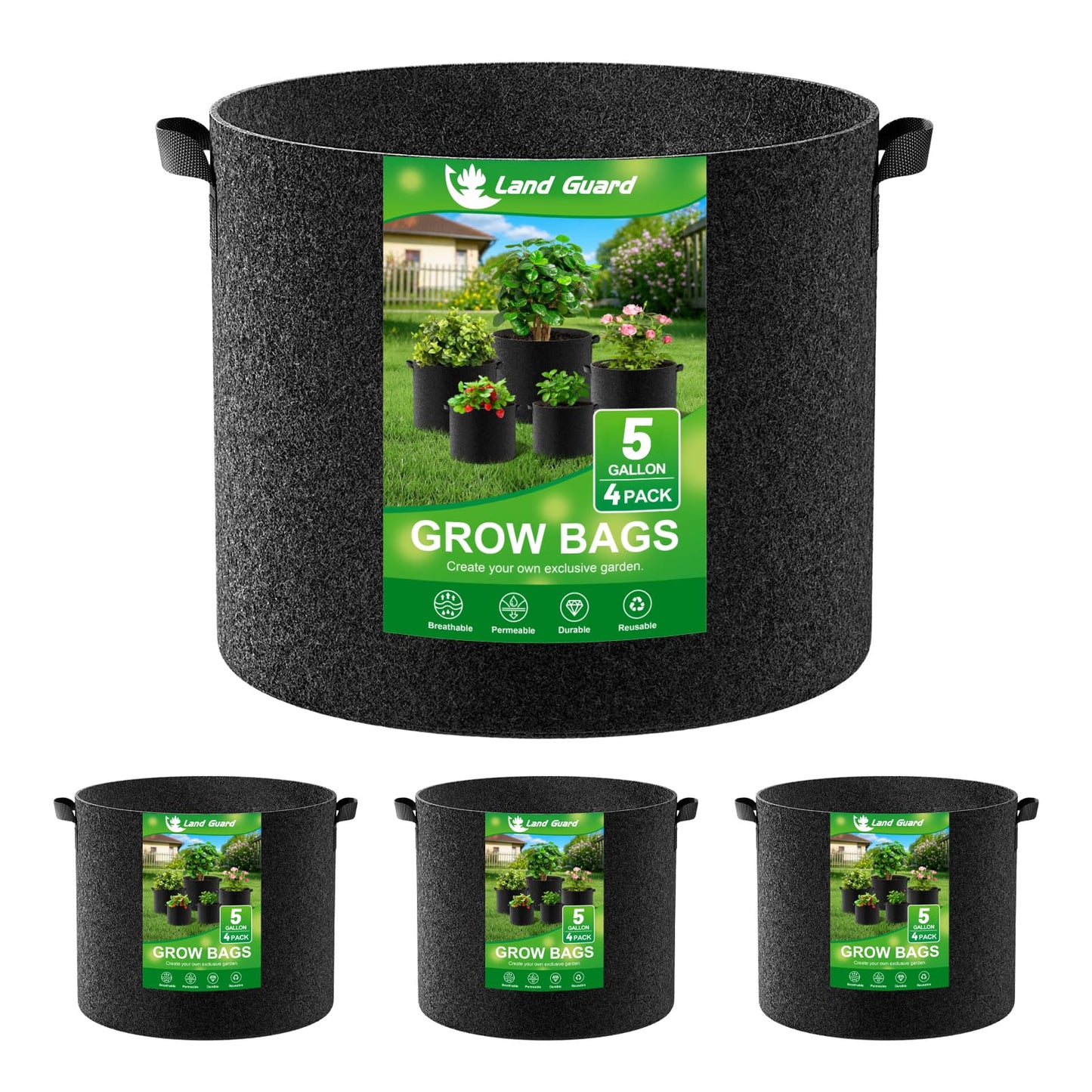 Land Guard 4-Pack Fabric Grow Bags 5 Gallon, 300G Thickened Nonwoven Plant Grow Bags, Grow Pots for Plants, Growing Bags with Handles, Planting Bags for Vegetables, Black