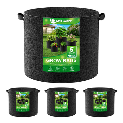 Land Guard 4-Pack Fabric Grow Bags 5 Gallon, 300G Thickened Nonwoven Plant Grow Bags, Grow Pots for Plants, Growing Bags with Handles, Planting Bags for Vegetables, Black