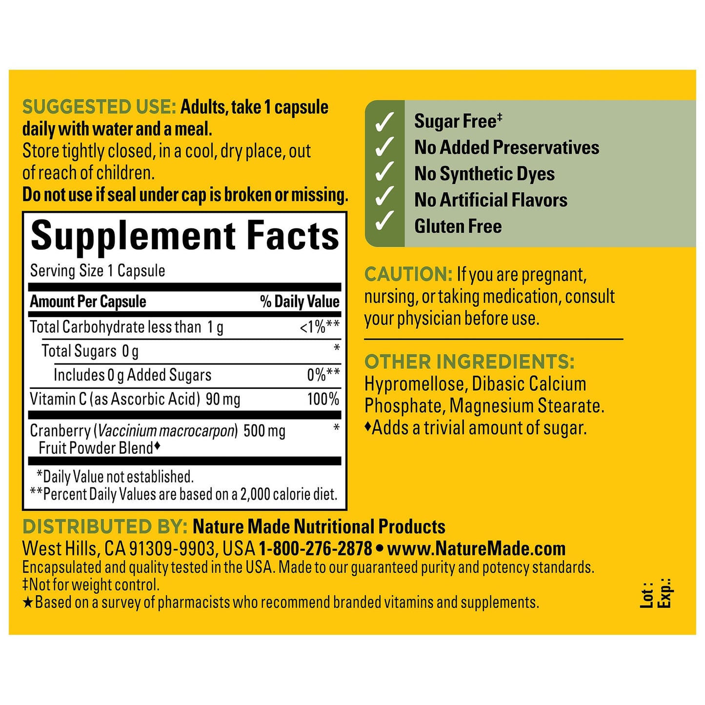 Nature Made Cranberry Supplement 500mg with Vitamin C for Immune & Antioxidant Support, Cranberry Blend for Urinary Tract Health, One Per Day, 60 Capsules