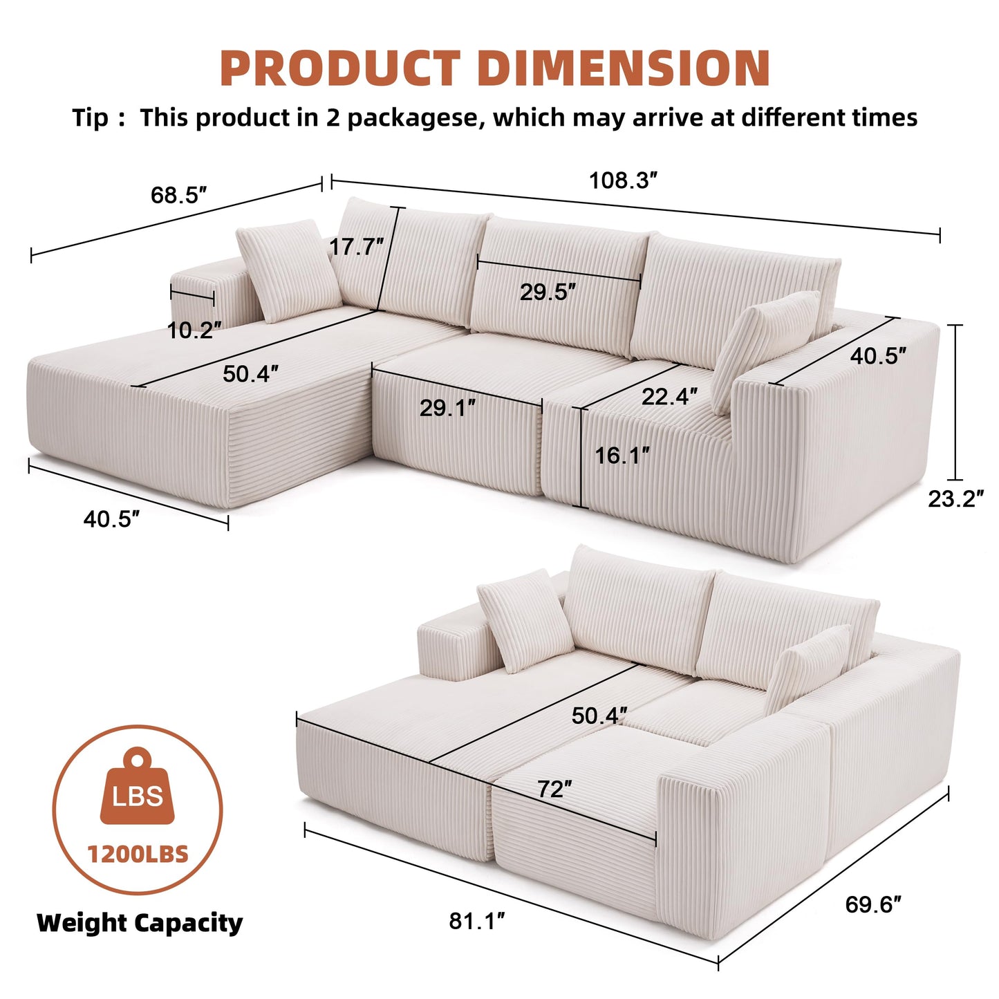 108” Modular Sectional Sofa, Cloud Sectional Couch with Deep Seat, Modern Modular L-Shape Sofa Couch with Chaise,Upholstered Boneless Couches for Living Room Bedroom (Beige, Left Facing Chaise)