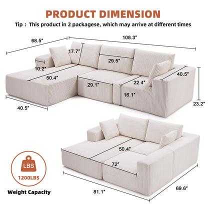 108” Modular Sectional Sofa, Cloud Sectional Couch with Deep Seat, Modern Modular L-Shape Sofa Couch with Chaise,Upholstered Boneless Couches for Living Room Bedroom (Beige, Left Facing Chaise)