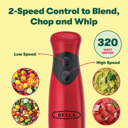 BELLA Immersion Hand Blender, Portable Mixer with Whisk Attachment - Electric Handheld Juicer, Shakes, Baby Food and Smoothie Maker, Stainless Steel, Red