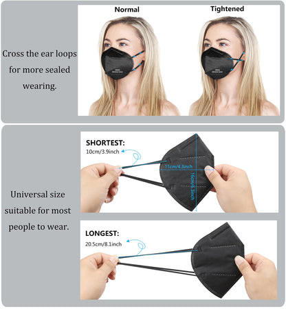 akgk KN95 Face Mask 50 PCS, Breathable Protection Masks, Individually Wrapped, 5-Ply KN95 Black Masks, Cup Dust Safety Masks