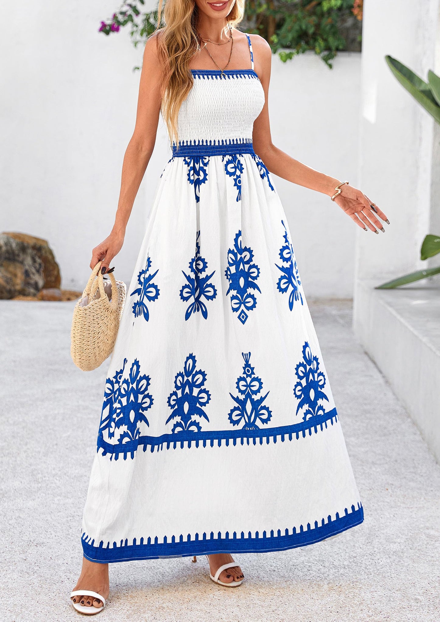 PRETTYGARDEN Summer Dress for Women 2025 Floral Sundress Spaghetti Strap Flowy Beach Vacation Boho Maxi Dresses (White Blue Floral,XX-Large)