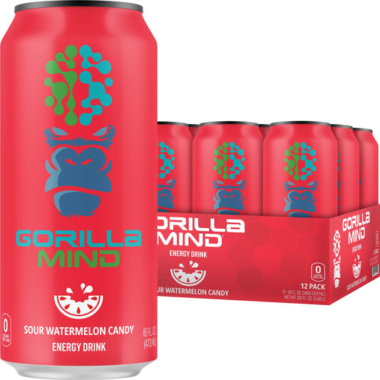 Gorilla Mind Energy Drink | Unmatched Energy · Amplified Focus | N-Acetyl-L-Tyrosine, Alpha-GPC, 200mg Caffeine, Uridine, Saffron | 0 Sugar Or Artificial Colors | 16oz, 12-Pack (Sour Watermelon Candy)