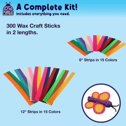 PURPLE LADYBUG Bendable Wax Craft Sticks for Kids - Christmas Stocking Stuffers, Camping Essentials, Road Trip Activities, Travel Toys for Toddlers in Car, Airplane & Restaurant - 15 Colors, 300 Pcs