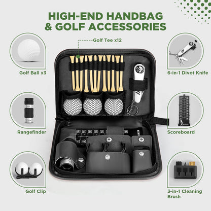 SANLINZOM Golf Accessories for Men and Women for Golfers, Accessories Set in Hi-End PU Case with Golf Balls, HD Rangefinder, Golf Tees, Cleaning Brush, Divot Knife, Scorer, Golf Ball Clamp (Black)