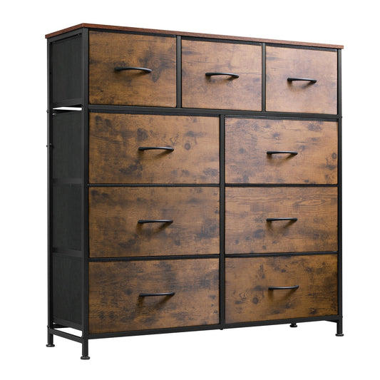 WLIVE 9-Drawer Dresser, Fabric Storage Tower for Bedroom, Hallway, Closet, Tall Chest Organizer Unit with Fabric Bins, Steel Frame, Wood Top, Easy Pull Handle, Rustic Brown Wood Grain Print