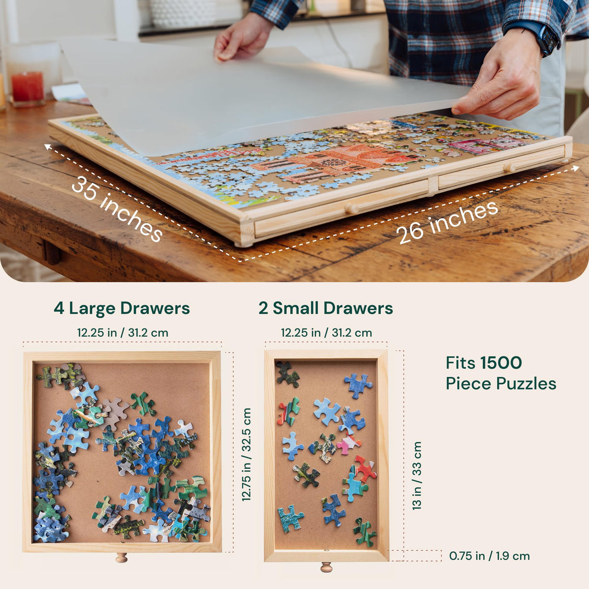 PlayVibe 1500 Piece Rotating Puzzle Board with Drawers and Cover - Sturdy Jigsaw Puzzle Table with 6 Drawers 26" x 35" - Portable Puzzles Boards with Lazy Susan, Wooden, Spinning Puzzles Accessories