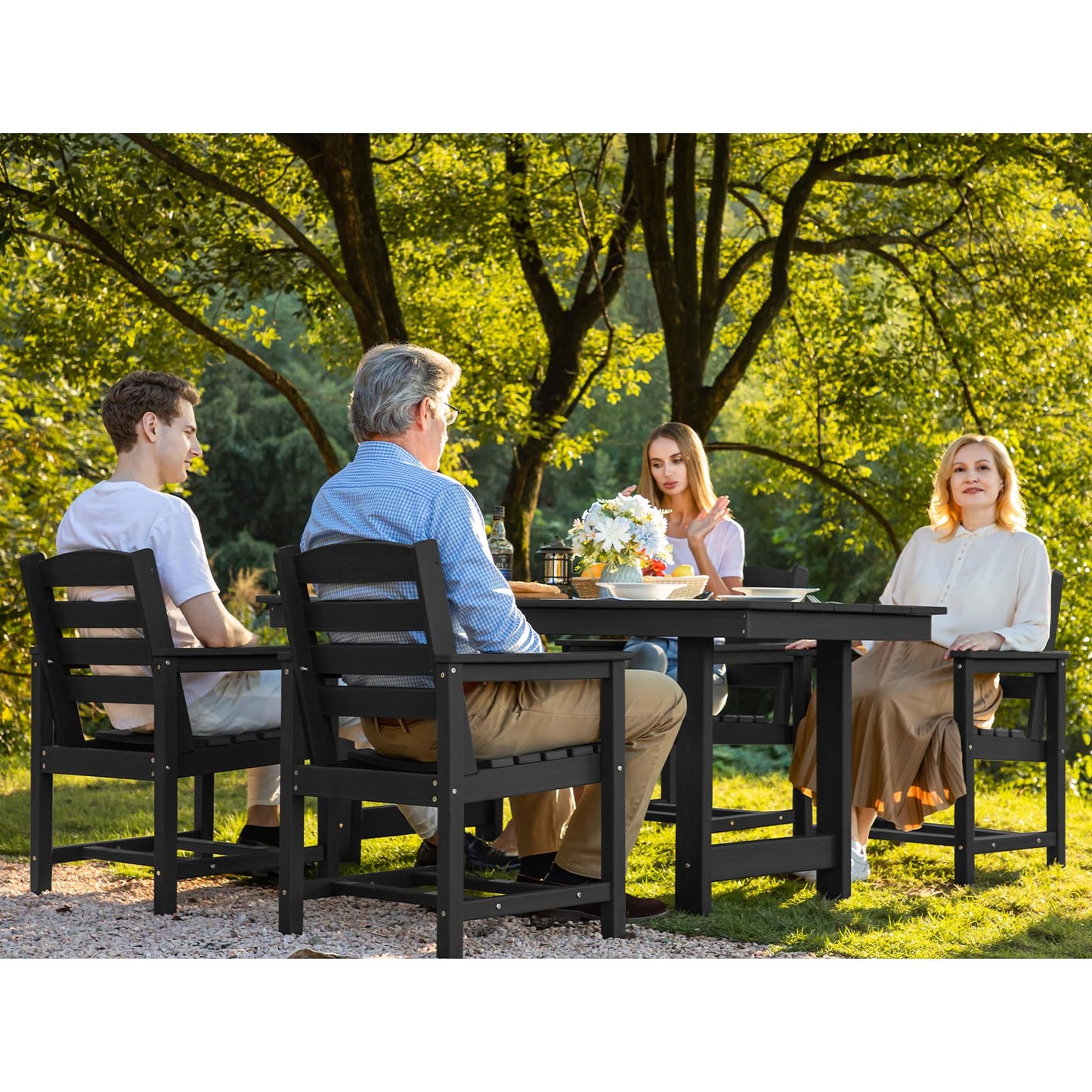 SERWALL 7-Piece Patio Dining Table Sets, Outdoor HDPE Dining Furniture Set with Umbrella Hole Cut-Out Table and 6 Chairs, Black