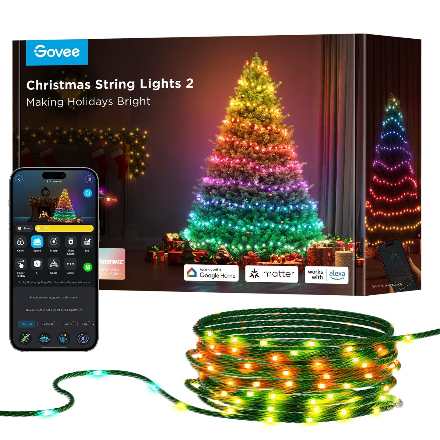 Govee Christmas Lights 2, RGBWIC 99FT 300LEDs Christmas Tree Lights with Shape Mapping Function, Smart Holiday String Lights for Christmas Decor, 130+ Preset Scenes, Voice and APP Control, Green Wire