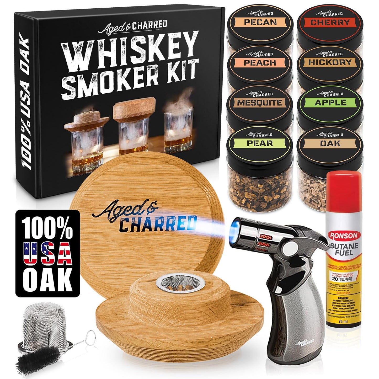 Whiskey Smoker Kit with Torch and Butane - 8 Flavors Wood Chips, 100% USA Oak Smoker, High-End Set - Cocktail Smoker Kit for Drinks - Old Fashioned Bourbon Smoker Gift Set for Men