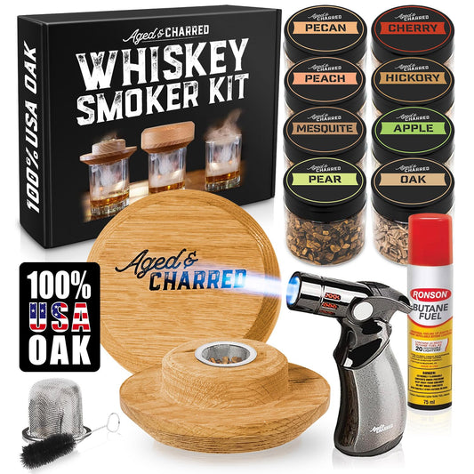 Whiskey Smoker Kit with Torch and Butane - 8 Flavors Wood Chips, 100% USA Oak Smoker, High-End Set - Cocktail Smoker Kit for Drinks - Old Fashioned Bourbon Smoker Gift Set for Men