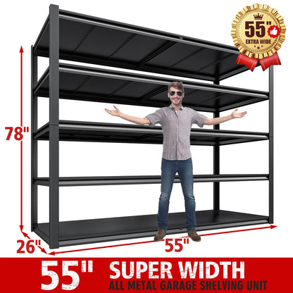 REIBII 78" H Garage Shelving, Storage Shelves Heavy Duty Load 3000LBS, Adjustable Heavy Duty Shelving, 5 Tier Metal Shelving Unit for Storage Rack, Basement, 55" W x 26" D x 78" H, Black