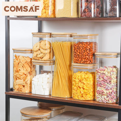 ComSaf Glass Food Storage Containers Set, 3 Pcs Airtight Clear Food Jars with Lids, Square Stackable Kitchen Canisters, Glass Jars for Spaghetti Pasta, Spice, Sugar, Candy, Tea, and Coffee Beans