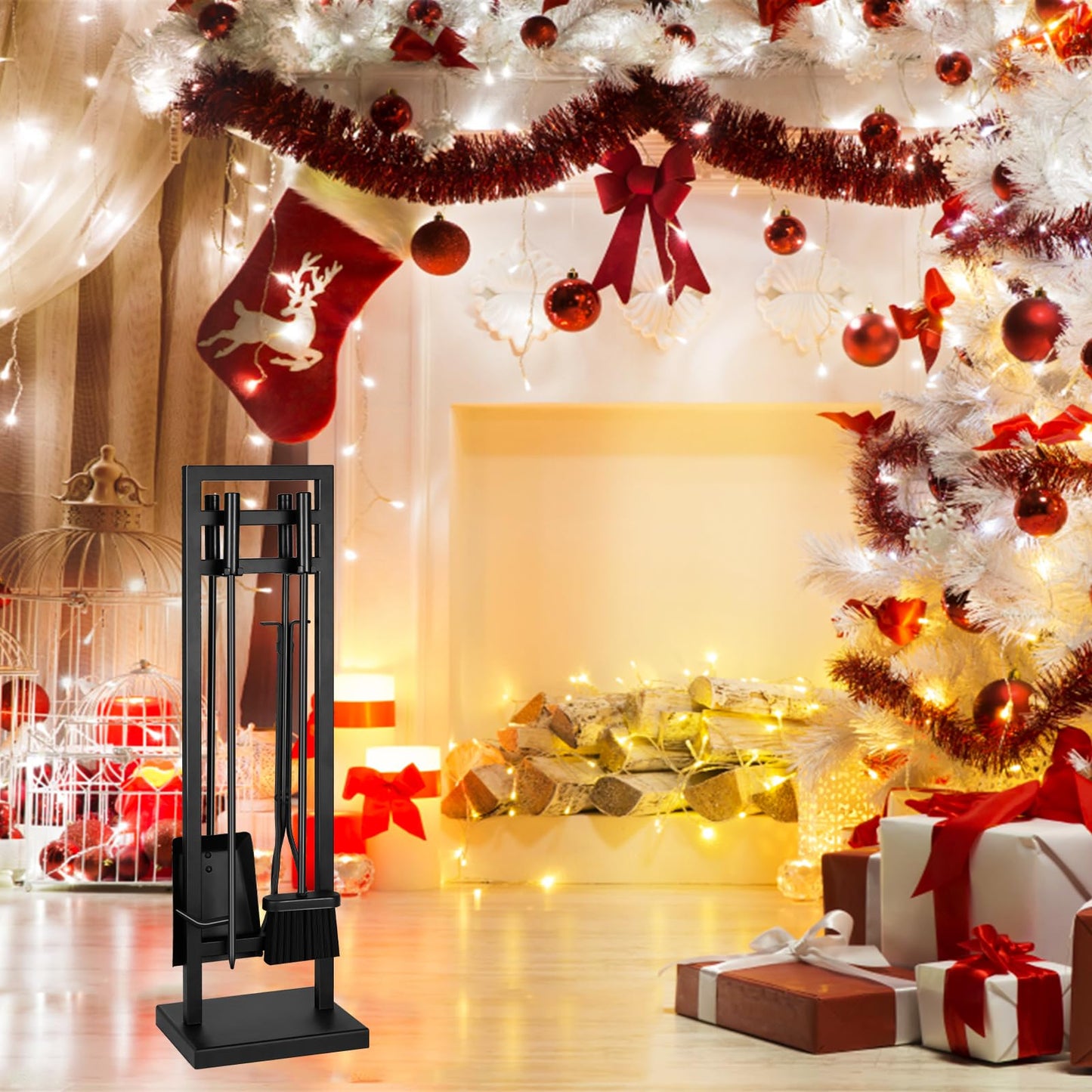 FEED GARDEN Fireplace Tools Set 5 Pieces, 30 Inch Modern Wrought Iron Outdoor Fireplace Accessories Set Long Holder Indoor with Poker, Tongs, Shovel, Brush, Base Black