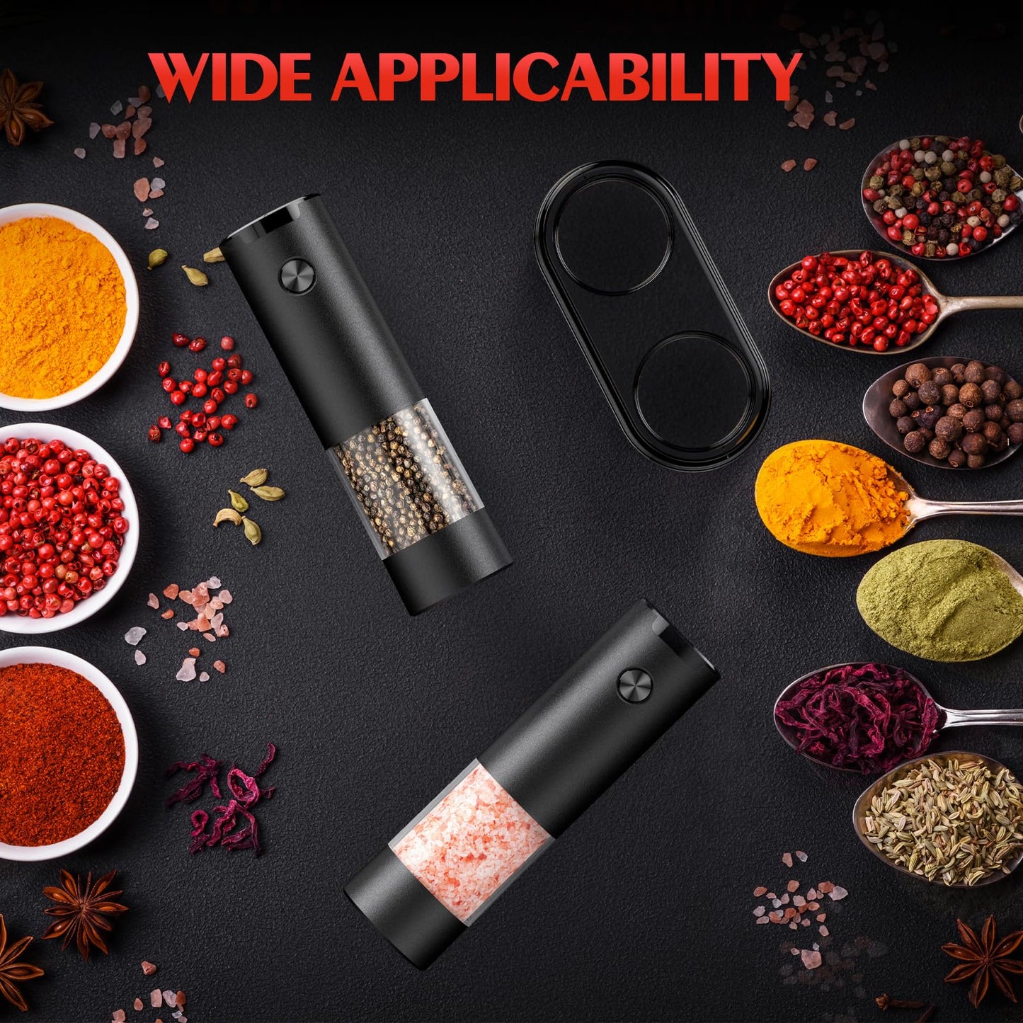 Electric Salt and Pepper Grinder Set Automatic Battery Pepper Mill Shakers Adjustable Coarseness Easy Filling Upgraded Larger Capacity with Led Kitchen Appliances (2 Pack Black/Black）