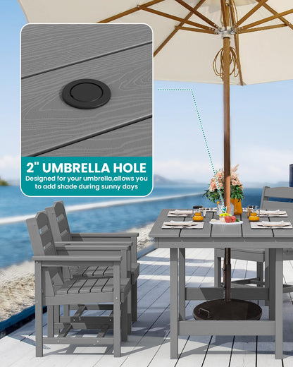 SERWALL Outdoor HDPE Dining Table Set, 7-Piece Outdoor Dining Table Sets with Umbrella Hole Cut-Out Table and 6 Chairs, Gray