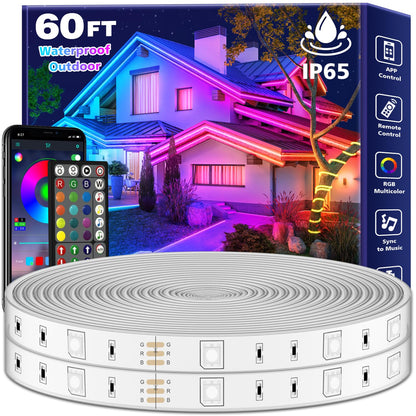 FBZ 60Ft Outdoor Waterproof LED Strip Lights,Music Sync RGB IP65 Led Lights with App Control and Remote,Color Changing Waterproof Led Rope Lights for Outdoor,Balcony,Roof,Garden,Stairs Party (60FT)