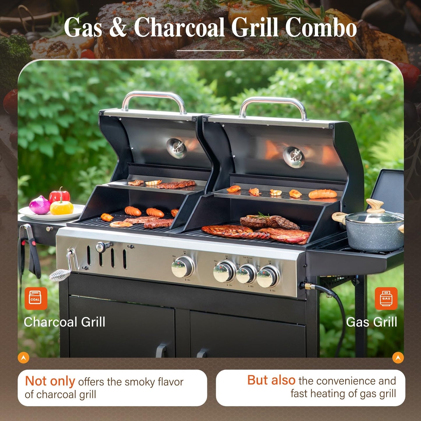 Sophia & William Charcoal and Propane Gas Grill Combo with Side Burner & Porcelain-Enameled Cast Iron Grate, Dual Fuel BBQ Grill for Outdoor, Barbecue Grill, 690 SQIN Cooking Area