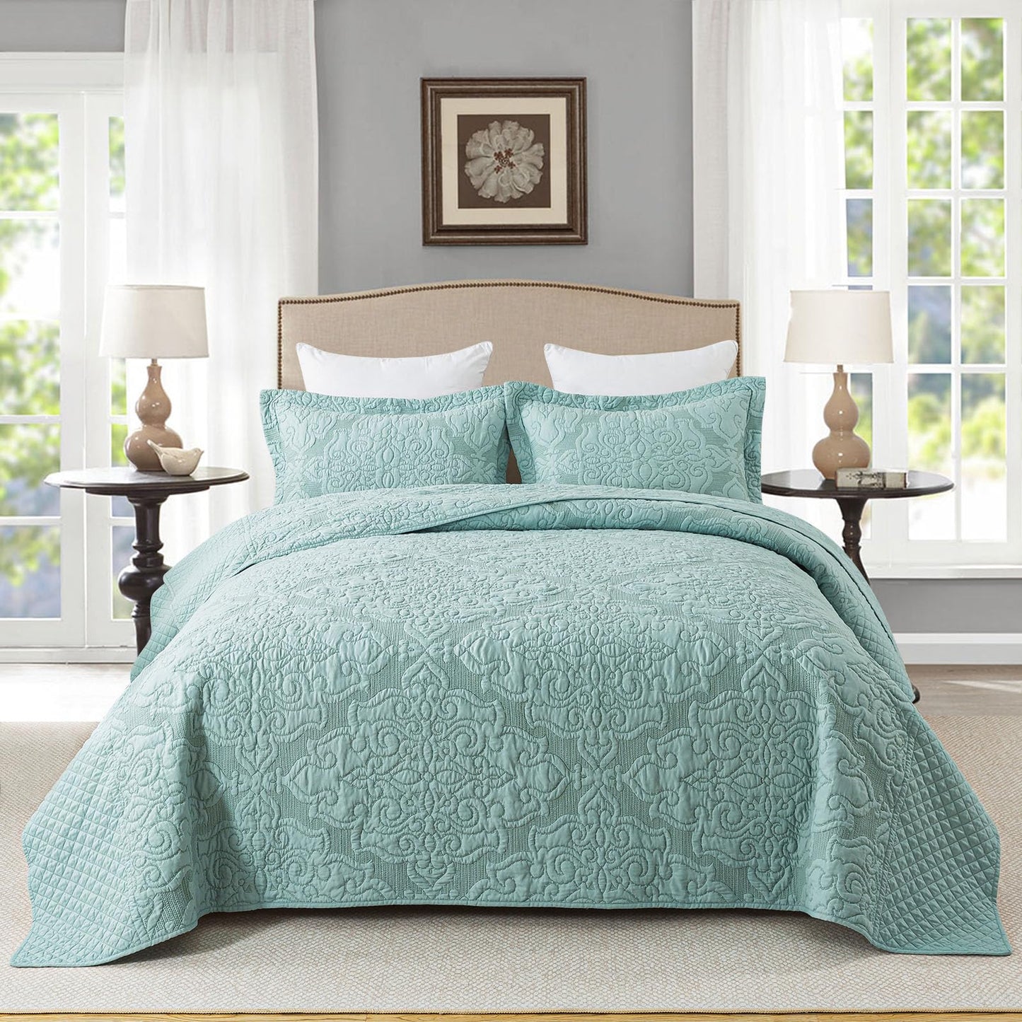 Travan 3-Piece Queen Quilt Set Quilted Bedspread Oversized Microfiber Lightweight Bedspread Coverlet Set with Shams Bedding Set for All Season, Blue, Queen Size