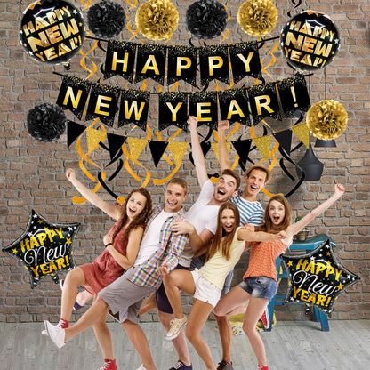 Brand:Oh baby,HAPPY NEW YEAR Paper Banner Triangle Flag Bunting Pom poms Swirl Streamers Aluminum foil balloons for New year Party Decorations