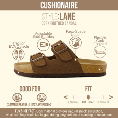 CUSHIONAIRE Lane Cork Footbed Sandals for Women – Comfortable Double Buckle Slip-On with Genuine Suede Footbed & Arch Support Slides for Women Footwear, BROWN 9W