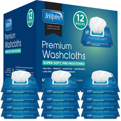 Inspire Adult Wet Wipes Adult Wash Cloths, Adult Wipes for Incontinence & Cleansing, 8"x12" 600 Count 12 packs of 50