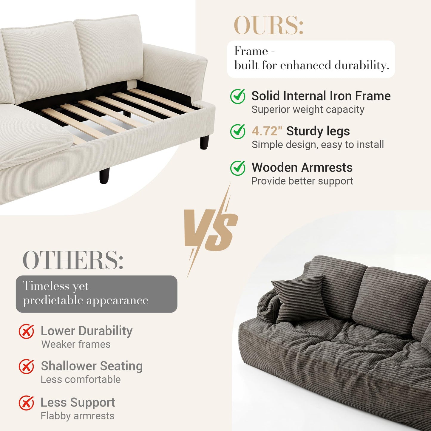 GRUSIGN 3 Seater Corduroy Couch, 89" Comfy Couch with Deep Seat, Modern Sofa Couch for Living Room, Office, Bedroom, Apartment (Pillows not Included)