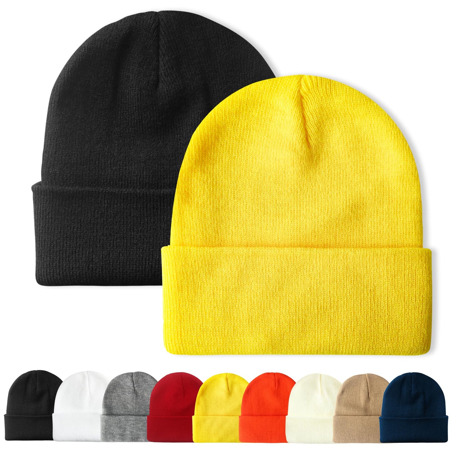 PFFY 2 Packs Unisex Beanie Hats for Men Women Knit Winter Beanies Black+Yellow