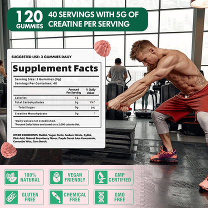 DANEW Pro Creatine Monohydrate Gummies for Men & Women, Creatine Monohydrate for Muscle Strength, Muscle Builder, Energy Boost, Pre-Workout Supplement(120 Count)-Strawberry Flavor
