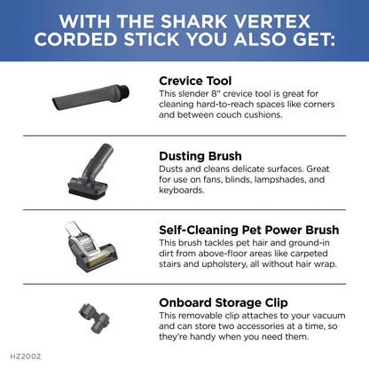 Shark | Corded Stick Vacuum Cleaner | Vertex Ultralight | Removable Handheld Vacuum | Pet Hair Vacuum for Carpet and Hard Floor | Powerful Suction | No Hair Wrap | 3 Attachments Included | HZ2002