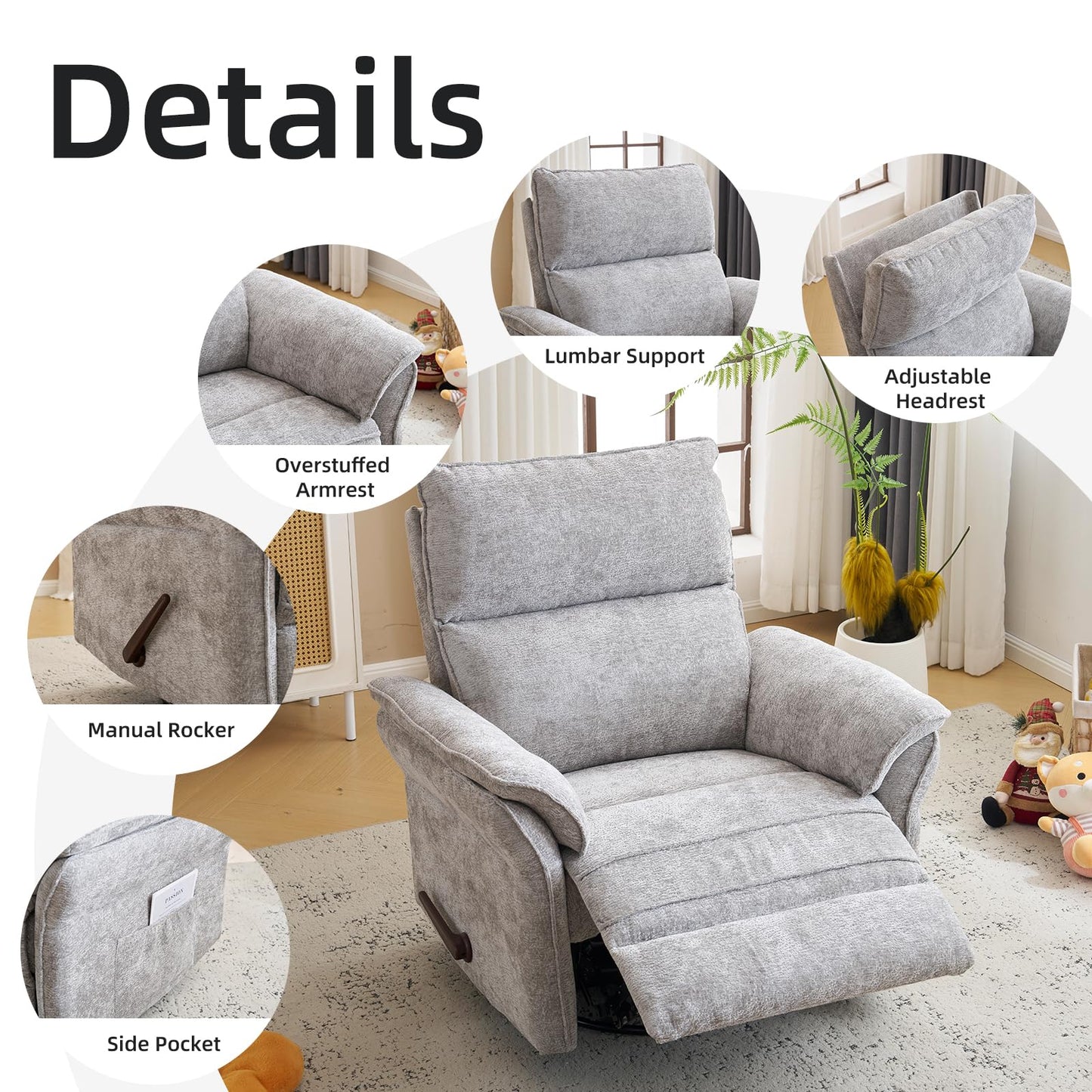 Rhevoy Oversized Glider Rocker Recliner, 26" Extra Wide 360° Swivel Nursery Recliner with Adjustable Headrest, Chenille Rocking Nursery Chair with Overstuffed Armrest, Lumbar Support, Light Grey