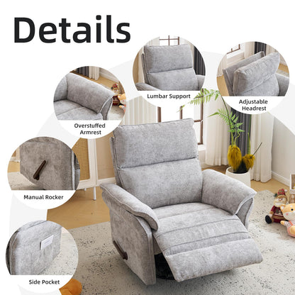 Rhevoy Oversized Glider Rocker Recliner, 26" Extra Wide 360° Swivel Nursery Recliner with Adjustable Headrest, Chenille Rocking Nursery Chair with Overstuffed Armrest, Lumbar Support, Light Grey