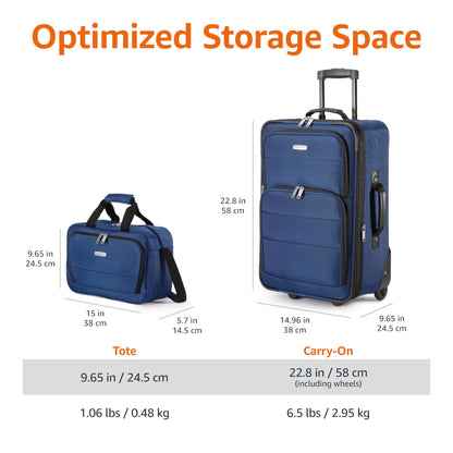 Amazon Basics Luggage Sets, Carry-On 23-Inch, tote 15-Inch, Suitcase With Wheels, Expandable Extra Space (+15%), Front Pockets and Telescopic Handle, Navy Blue