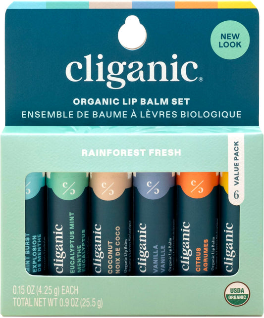 Cliganic Organic Lip Balm Set (6 Flavors) - 100% Natural Hydrating, Moisturizing for Dry Cracked Lips, for Men & Women