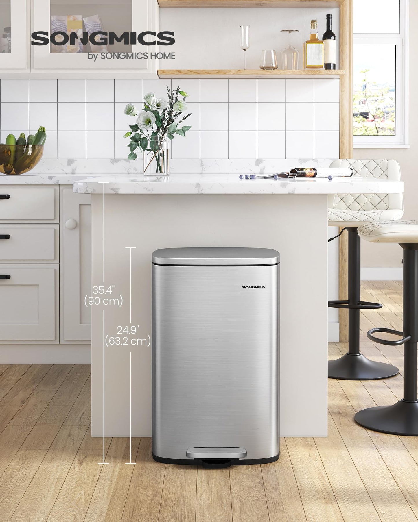 SONGMICS 13 Gallon (50 L) Trash Can, Stainless Steel Kitchen Garbage Can, Recycling or Waste Bin, Soft Close, Step-On Pedal, Removable Inner Bucket, Silver ULTB050E01