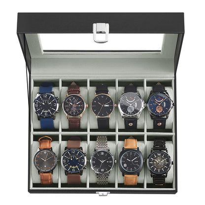 SONGMICS Watch Box, 10-Slot Watch Case with Large Glass Lid, Removable Watch Pillows, Watch Box Organizer, Gift for Loved Ones, Black Synthetic Leather, Gray Lining UJWB010BK