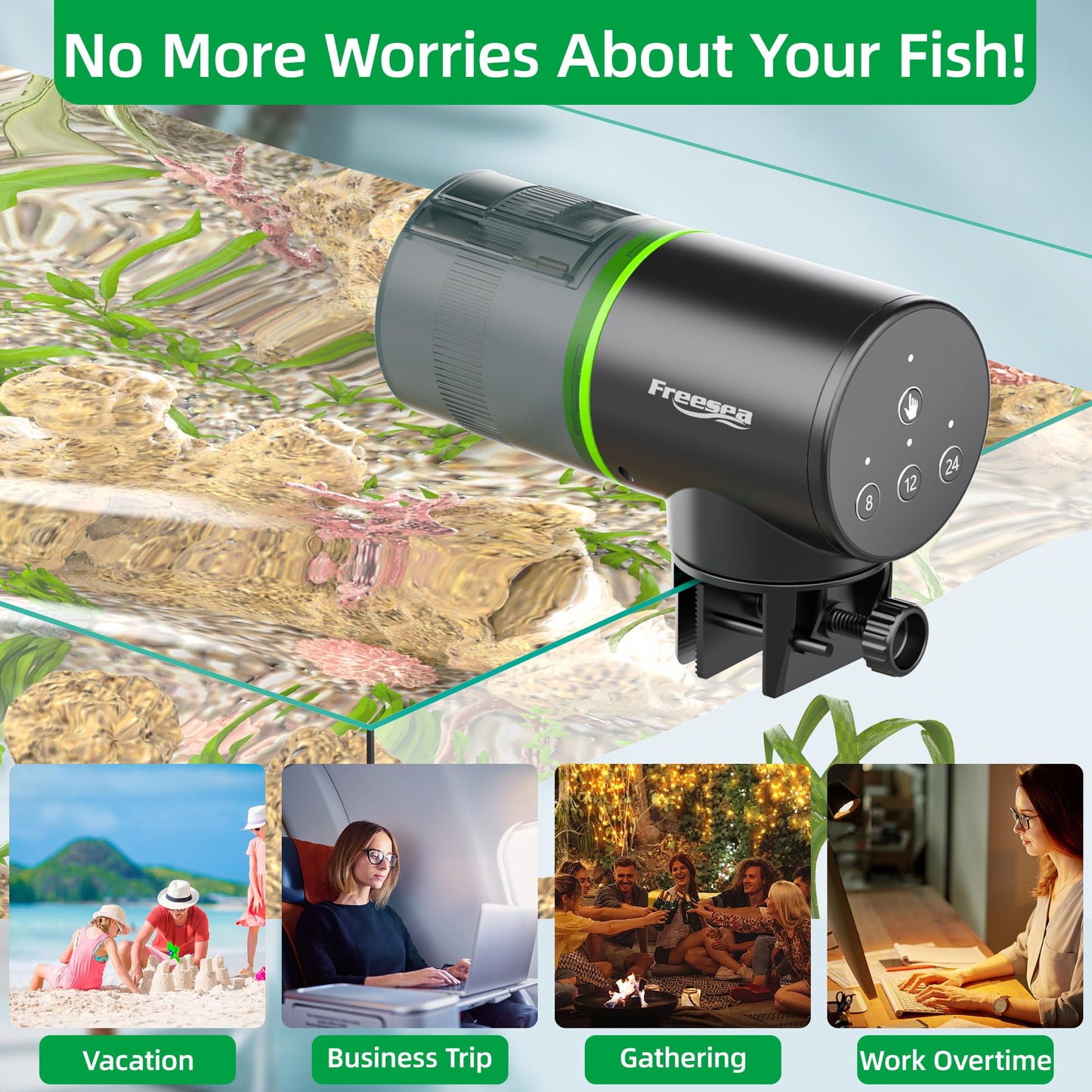 FREESEA Automatic Fish Feeder for Aquarium: Auto Fish Food Dispenser with Timer for Small Tank Betta Turtle - Battery Vacation Self Feeding for Flakes