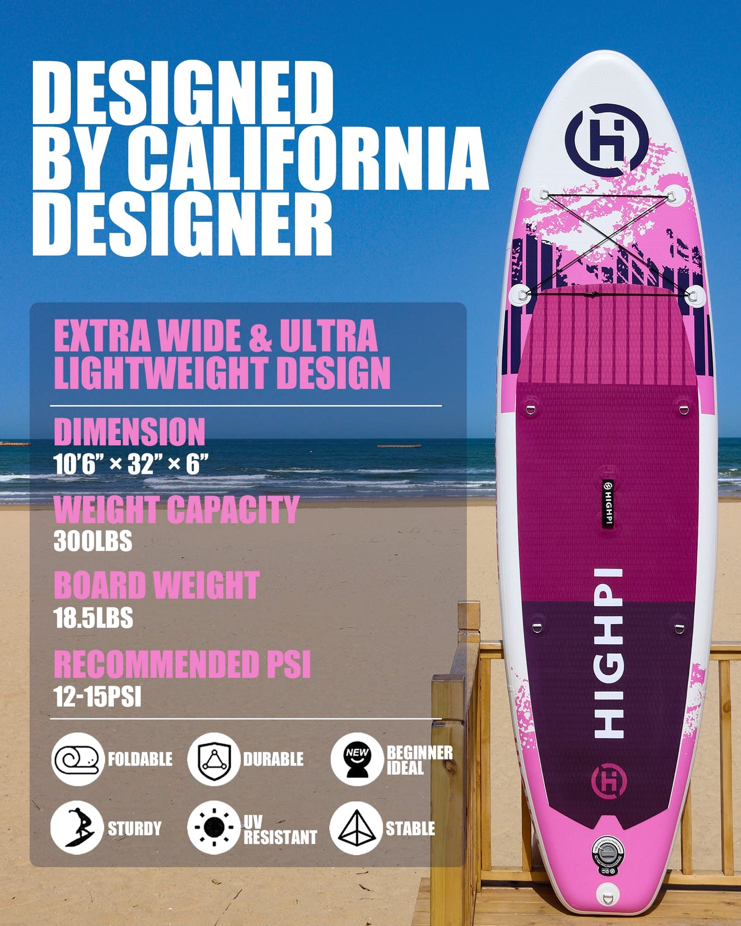 Highpi Inflatable Stand Up Paddle Boards, 10'6''x32''x6'' SUP with Accessories Backpack Anti-Slip Deck, Leash, Paddle and Hand Pump, Pink Paddle Board Standing Boat for Youth & Adult