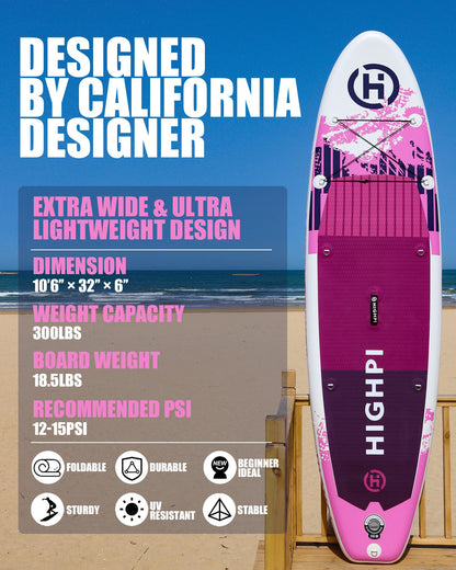 Highpi Inflatable Stand Up Paddle Boards, 10'6''x32''x6'' SUP with Accessories Backpack Anti-Slip Deck, Leash, Paddle and Hand Pump, Pink Paddle Board Standing Boat for Youth & Adult