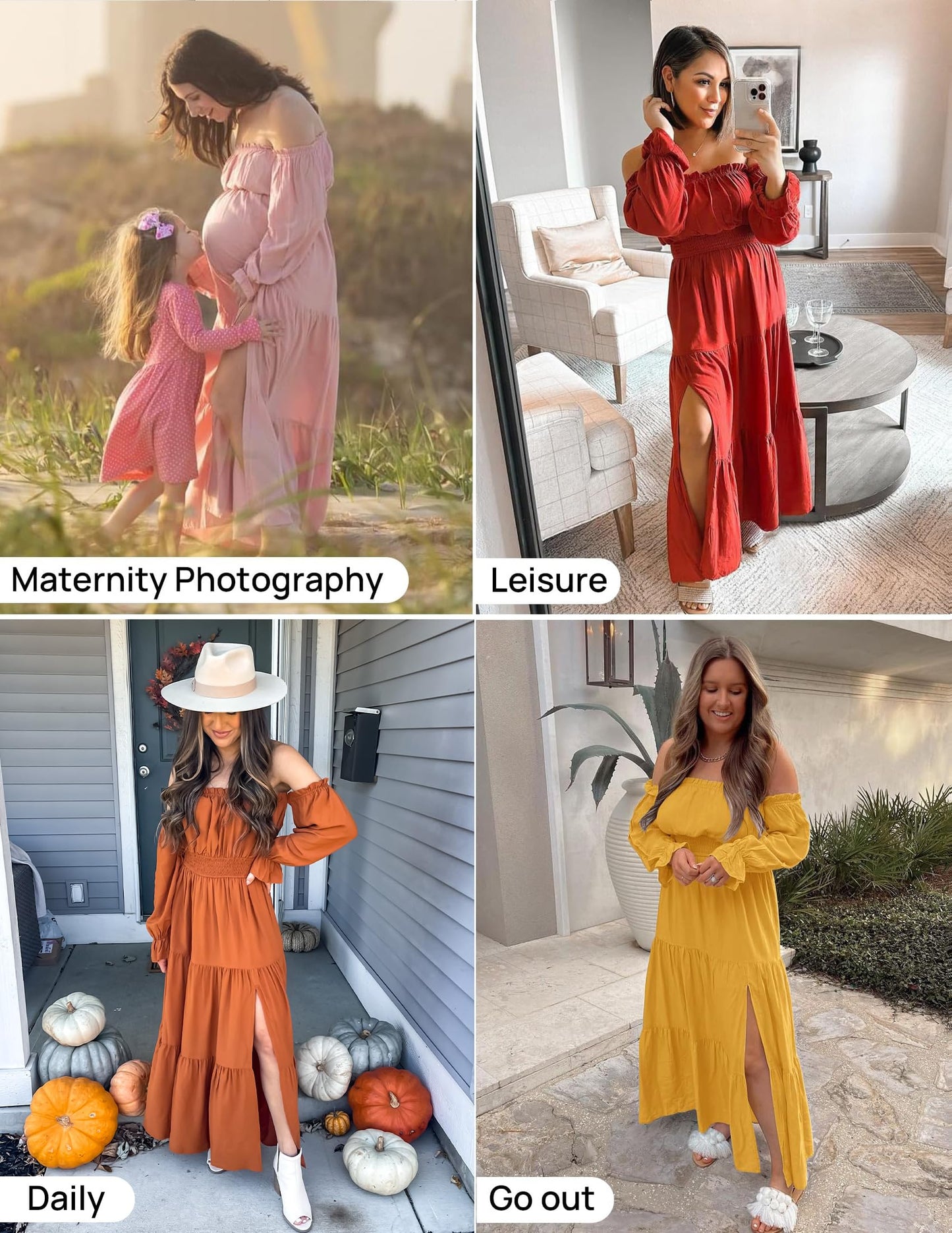 ZESICA Women's Boho Off Shoulder Spring Long Sleeve Dress 2026 High Waist Side Split Sexy Flowy A Line Long Maxi Dresses White Medium
