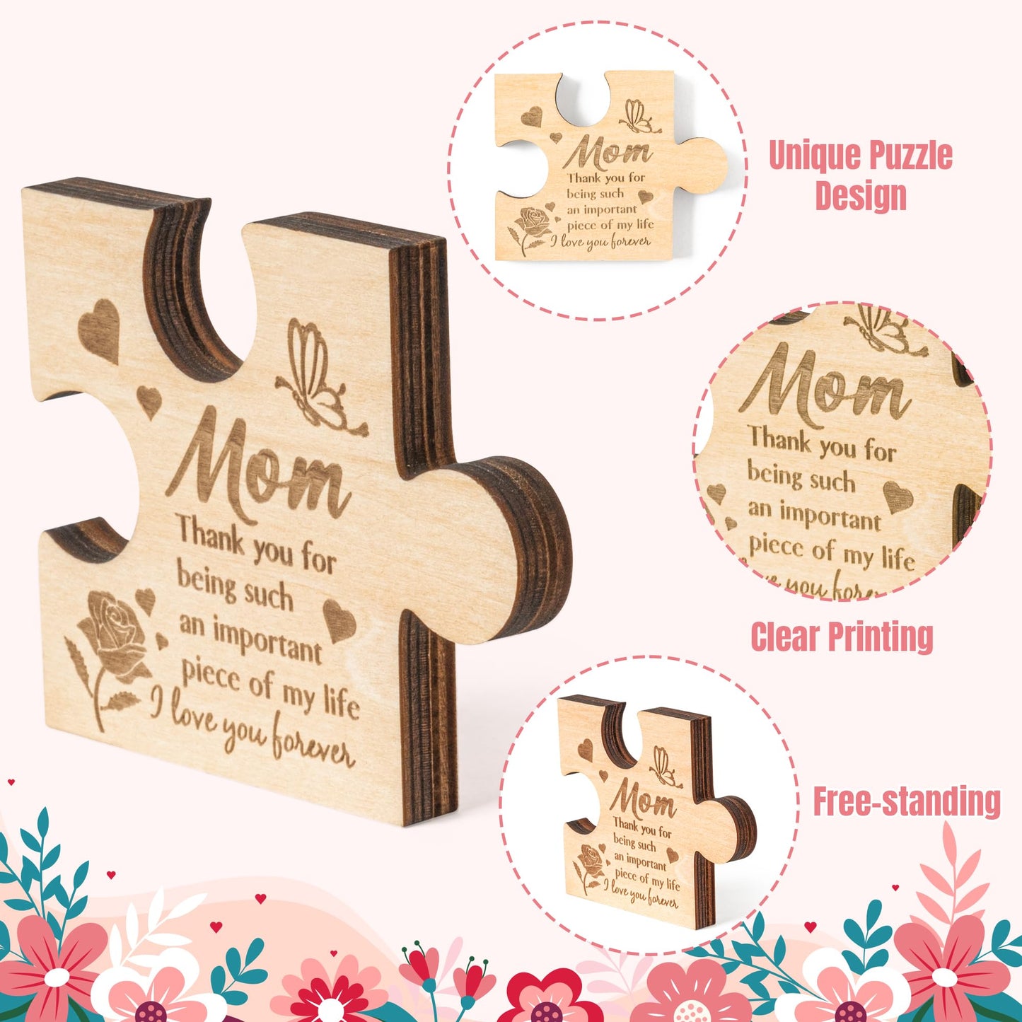 WATINC Puzzle Block Gift for Mom, Mother Birthday Gifts Ideas Puzzle Piece Sign Table Decoration, Moms Bday Unique Gift Mother's Day Presents Wooden Puzzle-shaped Home Decor from Daughter Son