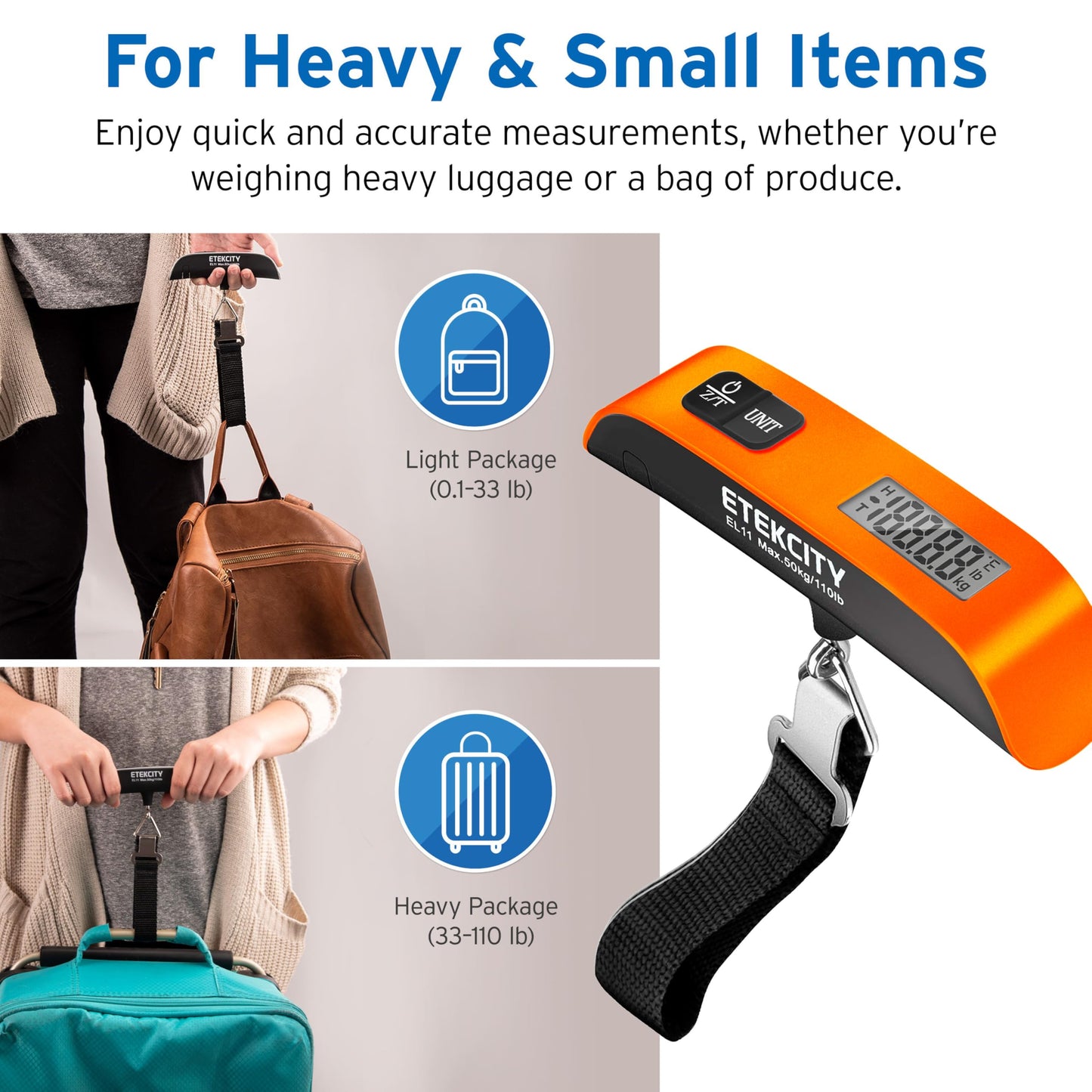 Etekcity Luggage Scale, Travel Essentials, Digital Weight Scales for Travel Accessories, Portable Handheld Scale with Temperature Sensor, Rubber Paint, 110 Pounds, Battery Included,Orange