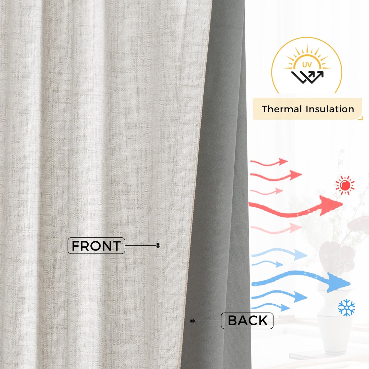 INOVADAY 100% Blackout Curtains for Bedroom 84 Inches Long, Clip Rings/Rod Pocket Linen Black Out Cute Curtains 2 Panels Set Thermal Insulated Curtains & Drapes for Living Room - Beige W50 x L84