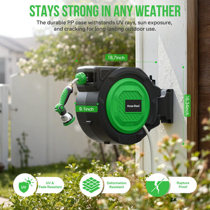 Retractable Garden Hose Reel, 1/2 in x 100 ft Heavy Duty Wall-Mounted Hose Reel with 180° Swivel Bracket, 10-Pattern Nozzle, Automatic Slow Return System, Any Length Lock for outside Watering,Cleaning