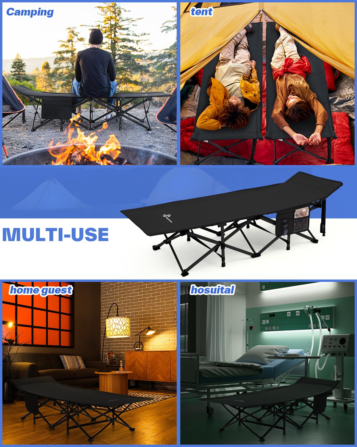 Sportneer Camping Cot: 1200D Double Layer Oxford Foldable Camping Cots for Adults - Heavy Duty Cots for Camping Travel Tent Day Outdoor & Home Guest, Camping Cots with Carry Bag & 2 Side Pockets
